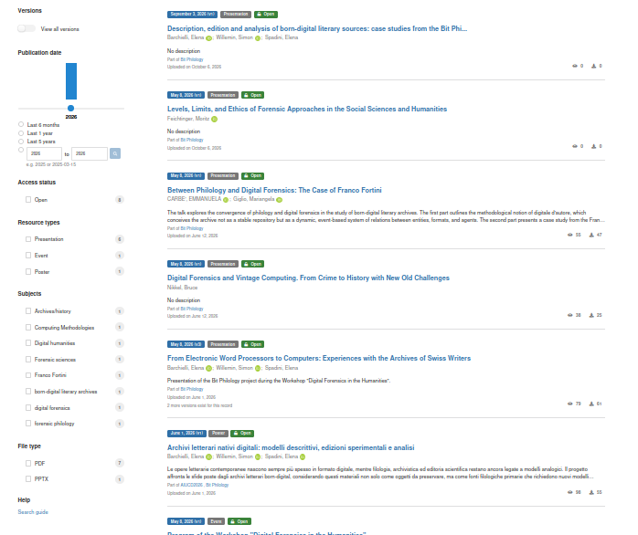 A screenshot of the Zenodo Community listing some publications