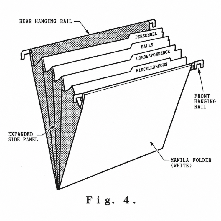 Black-and-white technical illustration of an open hanging file folder seen from an angle. Inside the folder, a row of manila folders stands upright, each with a tab carrying a category number such as "80.26" and a name such as "Resistors, Parts List" or "Deposited Carbon, Test Specs". Arrows and labels point to the hanging folder, the manila folders, the tabs and the category numbers. A note at the bottom right explains how the tabs are written. The caption below reads "Fig. 4. Records Storage and Arrangement".